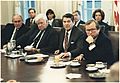Photograph of President Reagan meeting with Congress on the invasion of Grenada in the cabinet room - NARA - 198539
