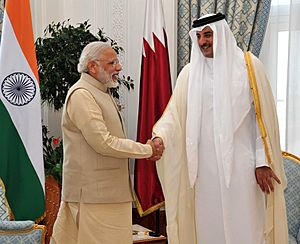The Prime Minister, Shri Narendra Modi with the Emir of Qatar Sheikh Tamim Bin Hamad Al Thani, in Doha, Qatar on June 05, 2016