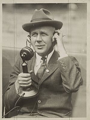 Grantland Rice on tel/mic, c. 1920. Source: World Telegram & Sun photo by Paul Thompson