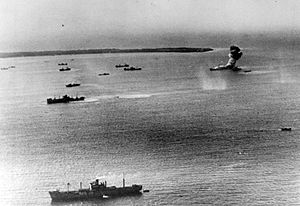 Japanese ships under attack at Kwajalein on 4 December 1943