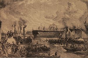 Launch of HMS Prince Albert at Woolwich Dockyard in 1854