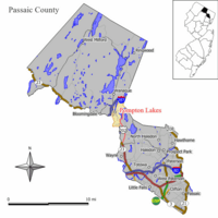 Map of Pompton Lakes in Passaic County. Inset: Location of Passaic County highlighted in the State of New Jersey.
