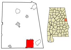 Location of Roanoke in Randolph County, Alabama.