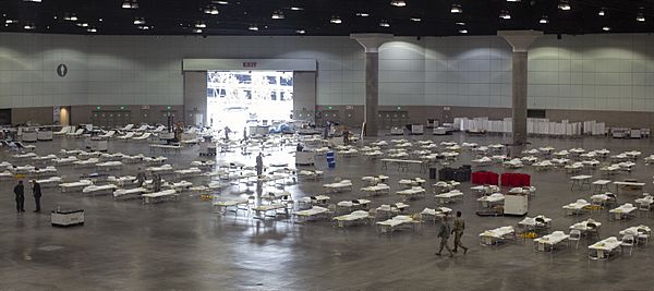 Los Angeles Convention Center with hospital beds for COVID-19
