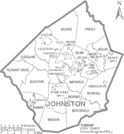 Map of Johnston County North Carolina With Municipal and Township Labels