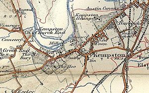 Map of Kempston, Bedfordshire in 1908