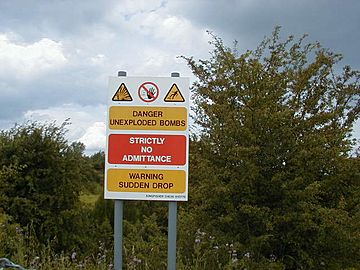 RAF Fauld explosion sign warning of unexploded munitions and hazard