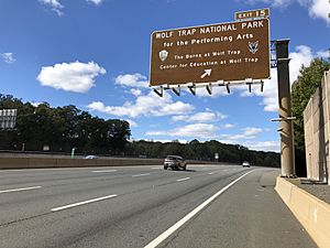 2018-10-24 12 54 47 View west along Virginia State Route 267 (Dulles Toll Road) at Exit 15 (Wolf Trap National Park for the Performing Arts, The Barns at Wolf Trap, Center for Education at Wolf Trap) in Wolf Trap, Fairfax County, Virginia