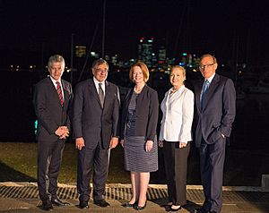 Australian Foreign Minister Smith, Secretary Panetta, Australian Prime Minister Gillard, Secretary Clinton, and Australian Foreign Minister Carr Pose for a Photo (8185950436)