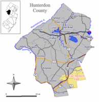 Map of East Amwell Township in Hunterdon County. Inset: Location of Hunterdon County in the State of New Jersey.