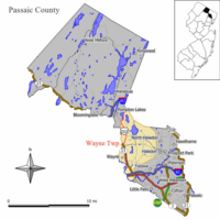 Map of Wayne in Passaic County. Inset: Location of Passaic County highlighted in the State of New Jersey.