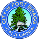 The city's official seal, in chief a salmon superimposed on a redwood tree, the Pacific Ocean set in relief, bordered by a blue circle with the words 'City of Fort Bragg California' appearing within the border in gold block letters