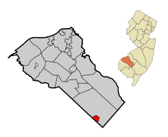 Map of Newfield highlighted within Gloucester County. Inset: Location of Gloucester County in New Jersey.