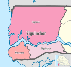 Map of the departments of the Ziguinchor region of Senegal