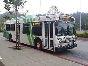 A Marin Transit New Flyer 35-foot low-floor hybrid bus operating as a Route 19 to Tiburon at Marin City. This bus operates using hybrid-electric technology, allowing it to save fuel costs by using electric power when used on city streets.
