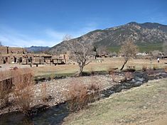 Landscape of Taos Pueblo, Rio Pueblo de Taos, and the Sangre de Cristo Mountains