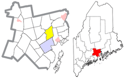 Location of Swanville (in yellow) in Waldo County and the state of Maine