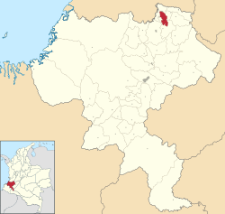 Location of the municipality and town of Guachené in the Cauca Department of Colombia.