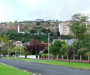 The Frances Hodgkins Retirement Village and the spire of Dunedin's LDS Church lie to the west of Forbury Road, as seen from Wilson Avenue, Forbury
