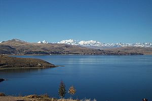 The Cordillera Real as seen from Lake Titicaca with Chachakumani and Ch'iyar Juqhu of the Guanay Municipality in the center