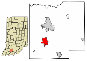 Location of Huntingburg in Dubois County, Indiana.