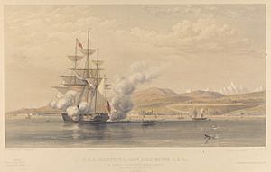 H.M.S. Highflyer Captn John Moore C.B. &c. at anchor off Soukoum Kaleh-Abasia, Omar Pasha leaving the Ship, Octr 1855 RMG PY0952