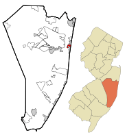 Map of Dover Beaches South CDP in Ocean County. Inset: Location of Ocean County in New Jersey.