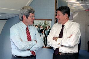 President Ronald Reagan Talks with Newt Gingrich During a Trip Via Air Force One to Atlanta Georgia