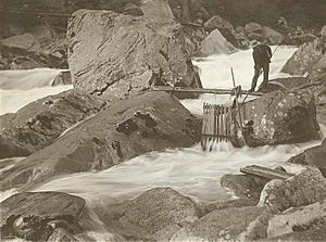 Wenatchi man fishing at trap, Tumwater canyon, Wenatchee River, Washington 1907