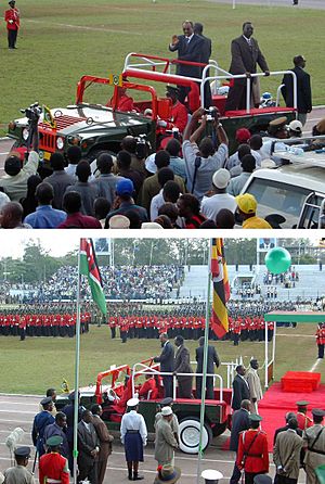 12 Jan. 2004, festivities at 40th anniversary of the Zanzibar Revolution. President Karume enters Amani Stadium in ceremonial Hummer