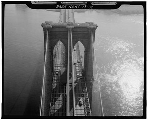 Aerial view looking down at Manhattan Tower. Jet Lowe, photographer, 1982. - Brooklyn Bridge, Spanning East River between Park Row, Manhattan and Sands Street, Brooklyn, New York HAER NY,31-NEYO,90-37