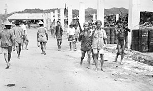 Armed Dayak men in Brunei during June 1945