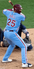 Darick Hall wearing the Phillies' powder blue alternate throwback uniform
