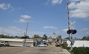 Downtown Mendenhall in April 2014; the Simpson County Courthouse is seen in the background.