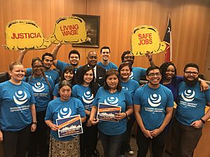Ellis stands with worker-rights advocates while announcing Opportunity Builds Harris County, which placed stronger worker protection and economic opportunity in Harris County's construction contracting practices