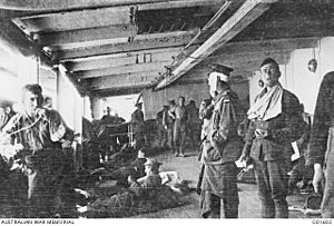 Wounded men aboard the transport ship HMAT Mashobra Mashobra 28 April 1915
