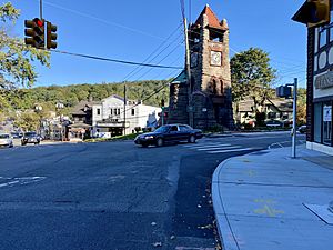 Main Street and Old Northern Boulevard in Downtown Roslyn, looking southeast. The famous Ellen Ward Clock Tower is at right.