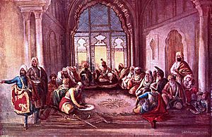 Maharaja Sher Singh (1807-1843) seated, attended by his council in the Lahore Fort.
