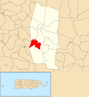 Location of Pezuela barrio within the municipality of Lares shown in red