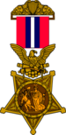 1896 version of the Medal of Honor with a golden five pointed star being clutched in the claws of an eagle. The eagle is suspended from a red and white striped ribbon