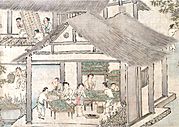 Women placing silkworms on trays together with mulberry leaves (Sericulture by Liang Kai, 1200s)