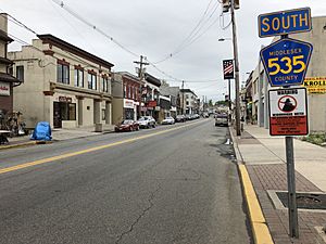 2018-05-18 11 48 00 View south along Middlesex County Route 535 (Main Street) at Middlesex County Route 677 (Ferry Street) in South River, Middlesex County, New Jersey