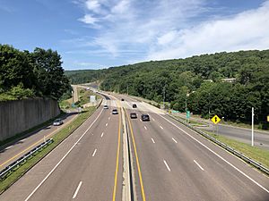 2019-07-14 10 23 18 View west along Interstate 68 and U.S. Route 40 (National Freeway) at its interchange with U.S. Route 220 from the overpass for Fletcher Drive in Cumberland, Allegany County, Maryland