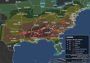 Map plotting locations of tornado touchdowns and tornado warning polygons across the Southeastern United States