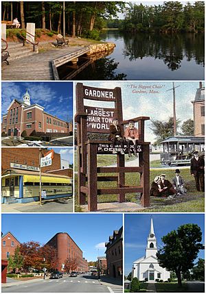 From top, left to right: Dunn State Park; St. Joseph Parish; Blue Moon Diner; the Biggest Chair; Central Street at Heywood Place; First Baptist Church.