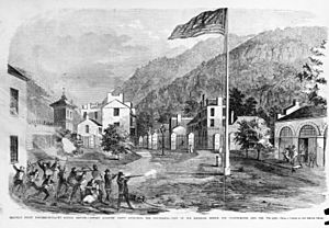 Harper's Ferry insurrection - the battle ground - Captain Alberts' party attacking the insurgents - view of the railroad bridge, the engine-house, and the village - from a sketch by our LCCN95522021 (cropped)