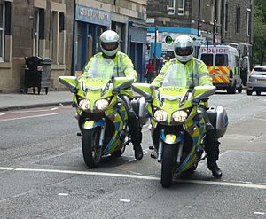 Motorcycle police in Gorgie Road, Edinburgh