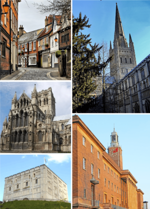 Clockwise from top left: Princes Street, Norwich Cathedral, Norwich City Hall, Norwich Castle, St John the Baptist Cathedral