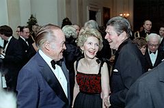 President Ronald Reagan and Nancy Reagan talking with Bob Hope