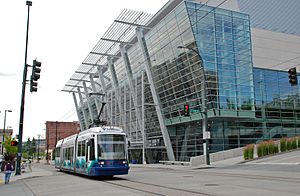 Greater Tacoma Convention & Trade Center with Tacoma Link streetcar passing